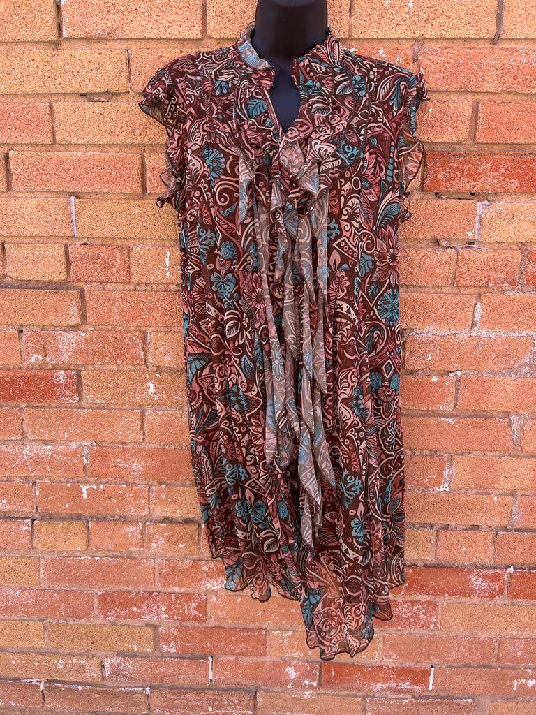 BROWN FLORAL SLEEVELESS DRESS
