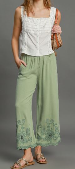 Linen Blend Embroidered Pants (2 Colors)