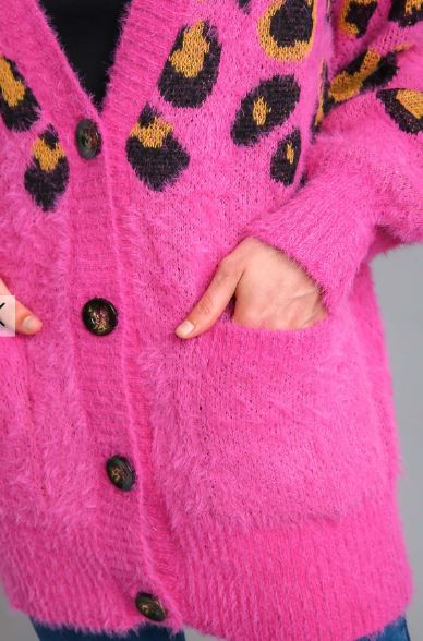 Magenta Animal Sweater Cardigan with Pockets and Button