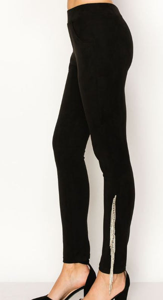 SIDE RHINESTONE FRINGE SUEDE LEGGINGS