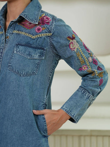 Avani Del Amour - Selena Embroidered Denim Shirt Dress: Ruby Gold