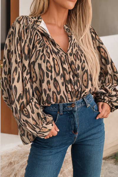 Oversized Leopard Print Balloon Sleeve Casual Shirt