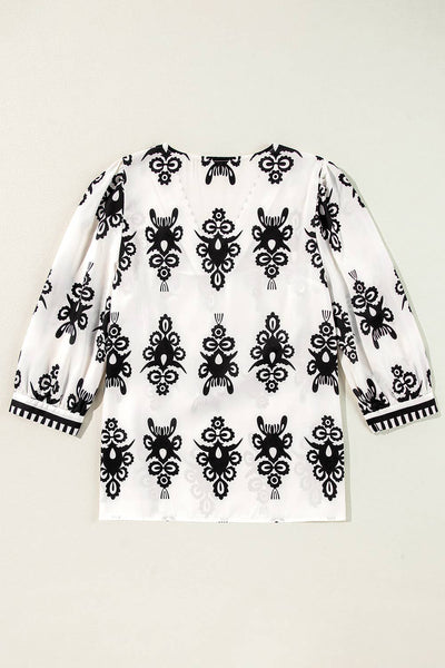 Unique Geometric Print 3/4 Sleeve V Neck Blouse