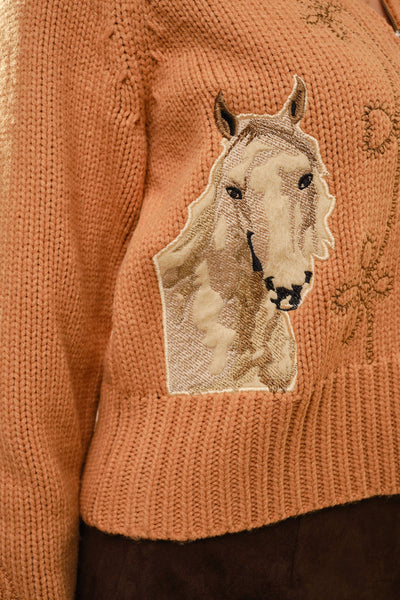 Horse Embroidered Zip Up Mock Neck Sweater