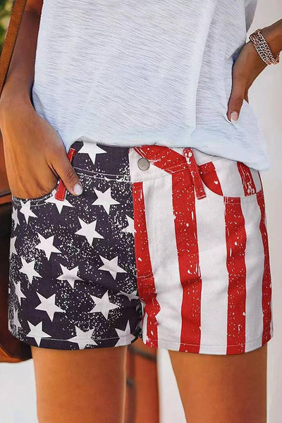 4th of July American Flag Print Denim Shorts