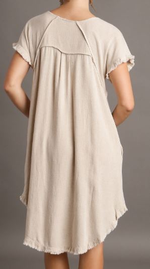 Linen Blend Round Neck Pocket Dress