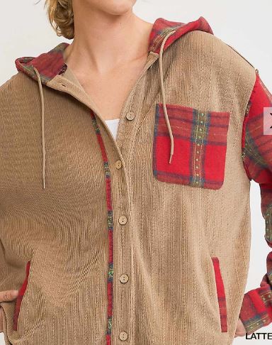 Corduroy Shacket with Plaid Details