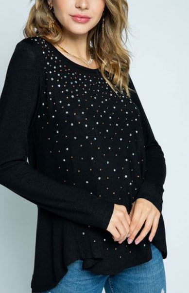 WOMEN KNIT LONG SLEEVE TOP WITH STONES