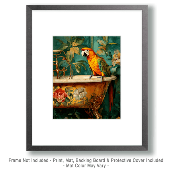 Mowbi - Parrot on Bathtub - Bathroom Wall Art Prints – 8″x10″ Artwork for 11″x14″ Frame