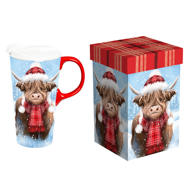 Holiday Poinsettia Highland Cow Ceramic Travel Cup