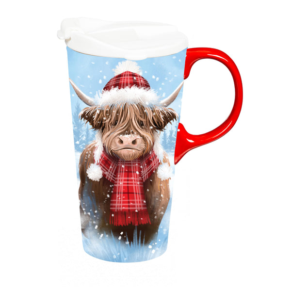 Holiday Poinsettia Highland Cow Ceramic Travel Cup