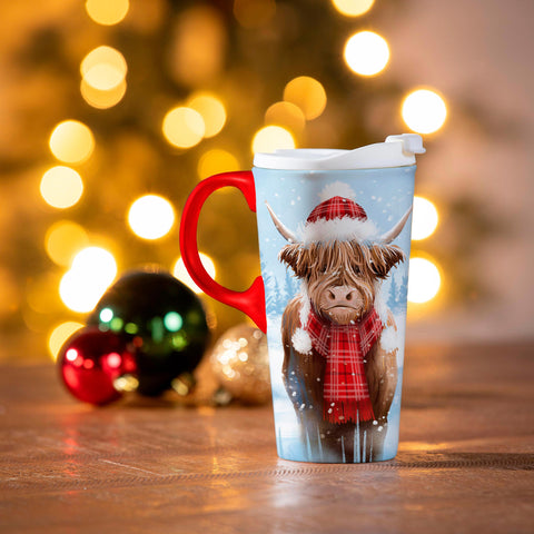 Holiday Poinsettia Highland Cow Ceramic Travel Cup