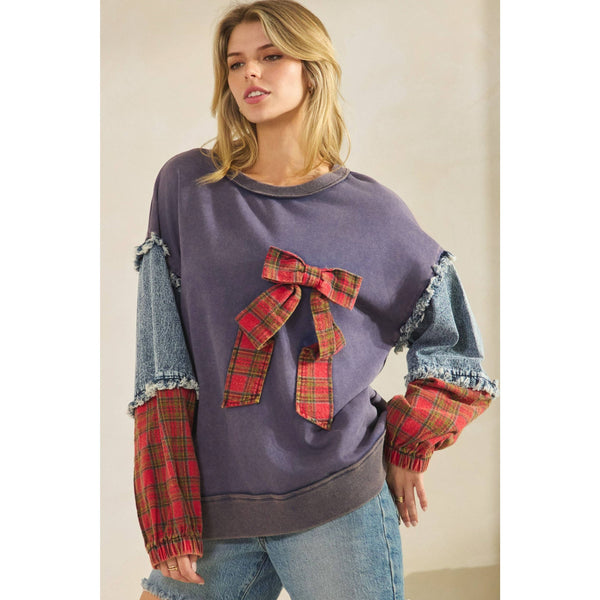 PLAID BOW DENIM SLEEVE PULLOVER