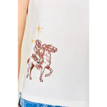 Off White Western Motif Embroidered Sleeveless Top