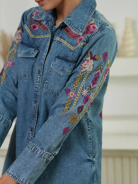 Avani Del Amour - Selena Embroidered Denim Shirt Dress: Ruby Gold