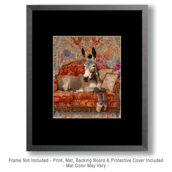 Mowbi - Donkey on Chaise Lounge - Bedroom Art Prints – 8″x10″ Artwork in 11″x14″ Mat