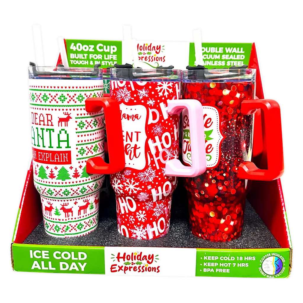 Novelty Brands - Holiday Insulated 40 oz Cup with Handle Christmas Assortment: Wholesale Price