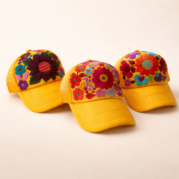 Lumily - Tulum Hand Embroidered Trucker Flower Hat - Mexico: Red Assorted