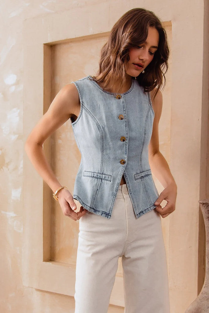 Slim Fit Button Front Vest in Denim