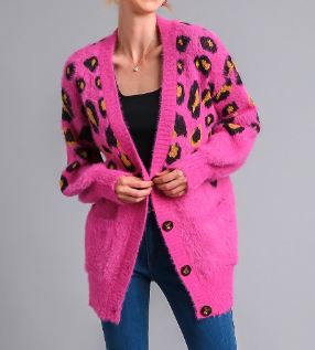 Magenta Animal Sweater Cardigan with Pockets and Button