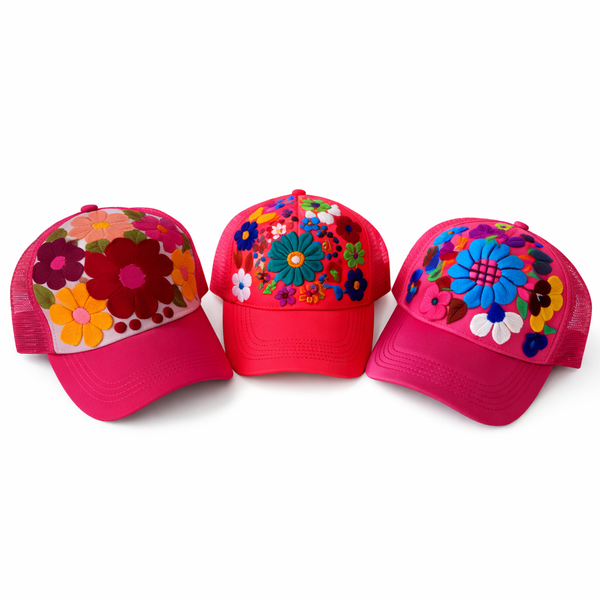 Lumily - Tulum Hand Embroidered Trucker Flower Hat - Mexico: Red Assorted