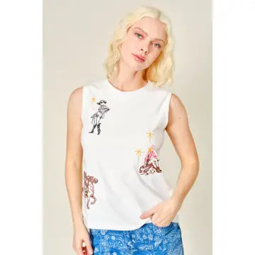 Off White Western Motif Embroidered Sleeveless Top