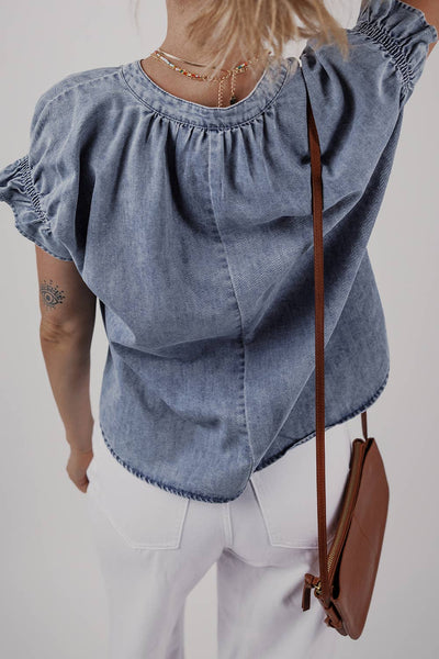 Ruffled Short Puff Sleeve Denim Top