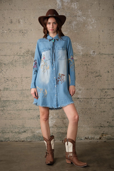 Western Embroidered Tencel Shirt Dress