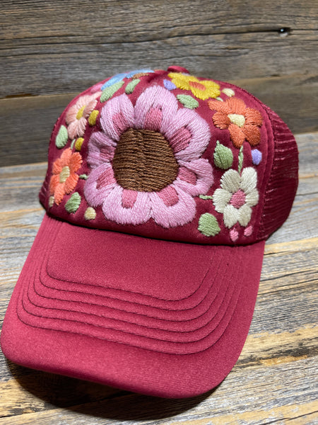 Tulum Hand Embroidered Trucker Flower Hat -2 colors