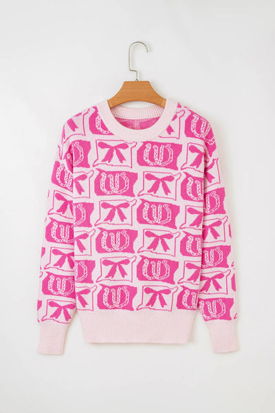 66DISCO - 66 Bows Horseshoes Pattern Western Plus Size Sweater (S-4X): Blue / XL