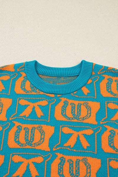 66DISCO - 66 Bows Horseshoes Pattern Western Plus Size Sweater (S-4X): Blue / M