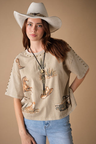 Western Graphic Studded Oversized Tee
