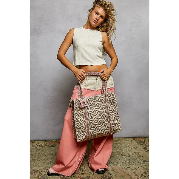 Striped Bias Tape Bohemian Quilted Beige Tote Bag
