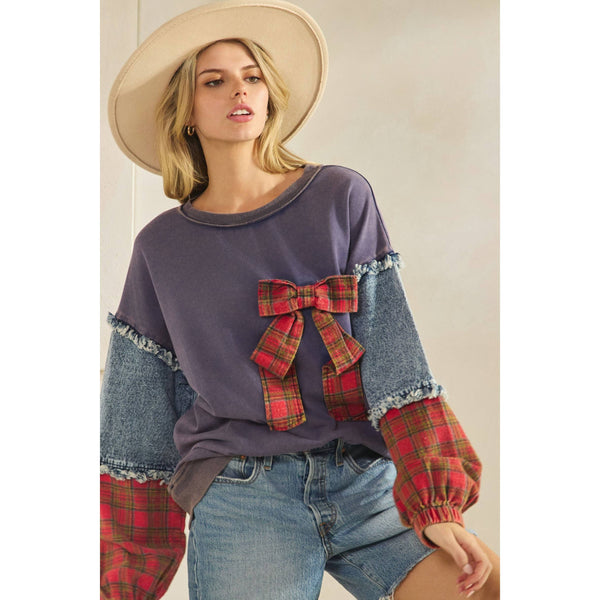 PLAID BOW DENIM SLEEVE PULLOVER
