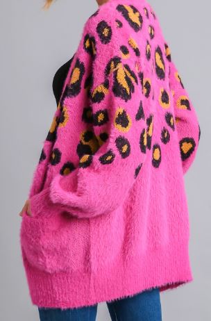 Magenta Animal Sweater Cardigan with Pockets and Button