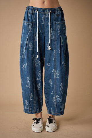 Western Print Barrel Denim Pants