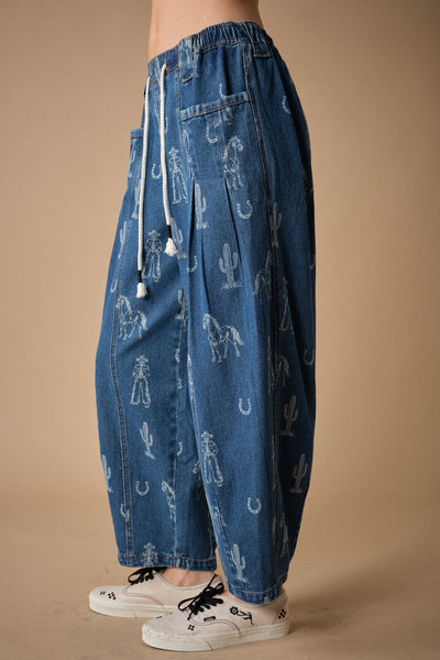 Western Print Barrel Denim Pants