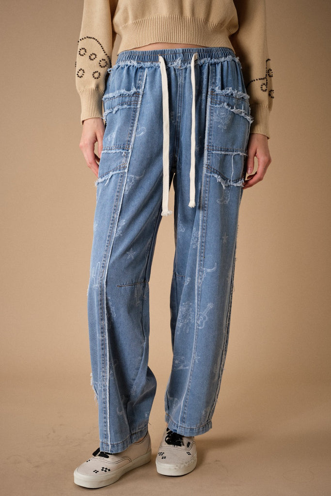 Western Print Patch Pocket Denim Pants