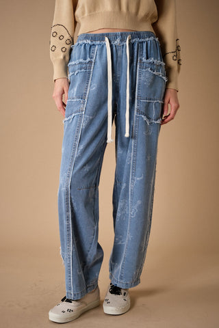 Western Print Patch Pocket Denim Pants