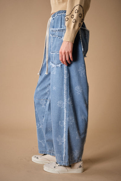 Western Print Patch Pocket Denim Pants