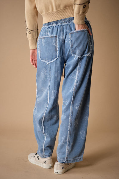 Western Print Patch Pocket Denim Pants