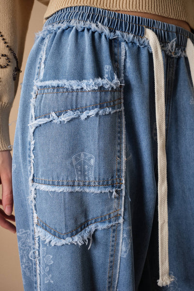 Western Print Patch Pocket Denim Pants