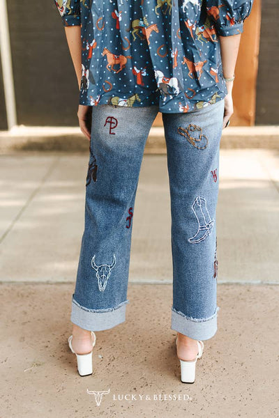 LUCKY & BLESSED - Mid Wash Horse Embroidered Cuffed Raw Edge Boyfriend Jeans: 8