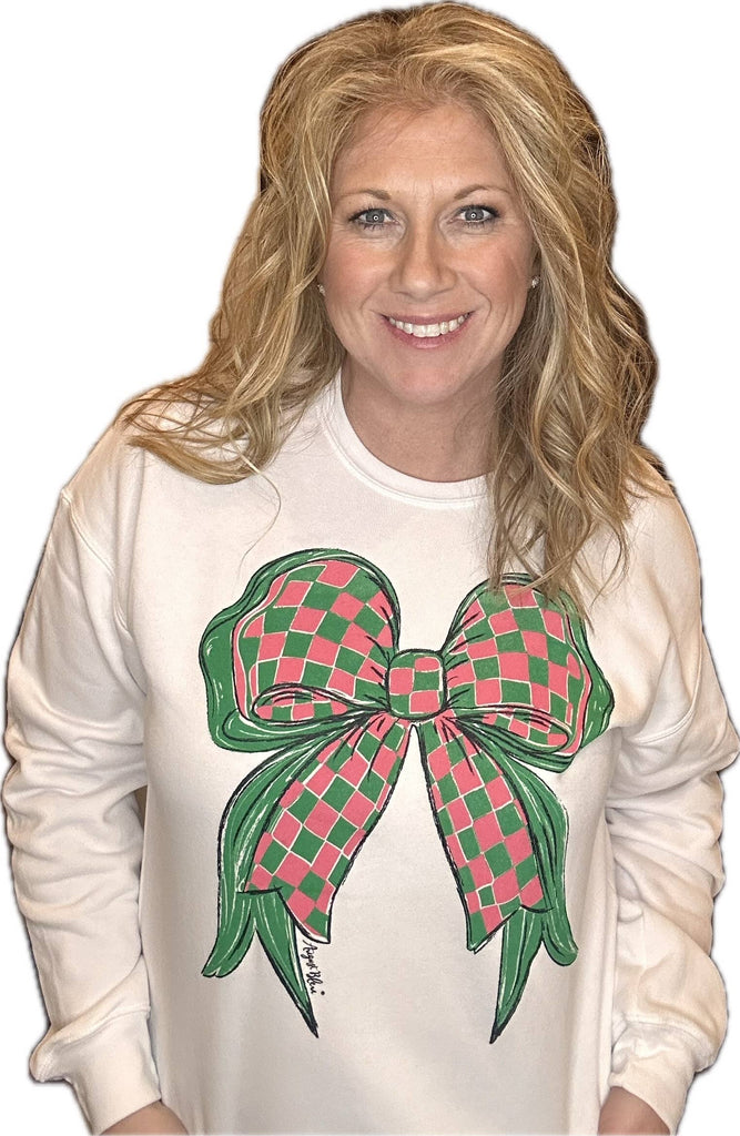 August Bleu - Checkered Pink and Green Bow on White Sweatshirt: M