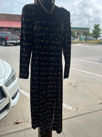 Horse Bit Printed Square Neckline Long Sleeve Front Slit Lined Dress
