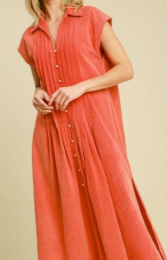 Pintucked Mineral Washed Midi Dress (2 Colors)