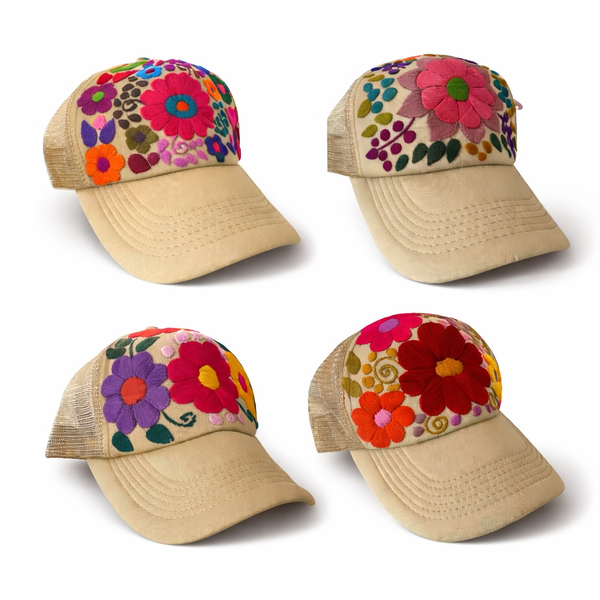 Lumily - Tulum Hand Embroidered Trucker Flower Hat - Mexico: Black Assorted