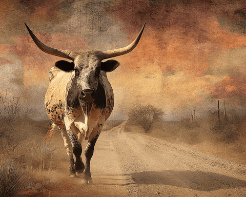 Longhorn on Sonoran Desert Road Southwestern Landscape Art Print