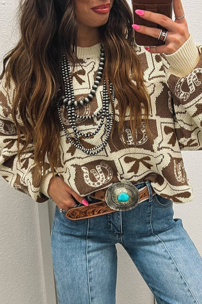 66DISCO - 66 Bows Horseshoes Pattern Western Plus Size Sweater (S-4X): Blue / XL