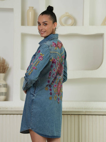 Avani Del Amour - Selena Embroidered Denim Shirt Dress: Ruby Gold